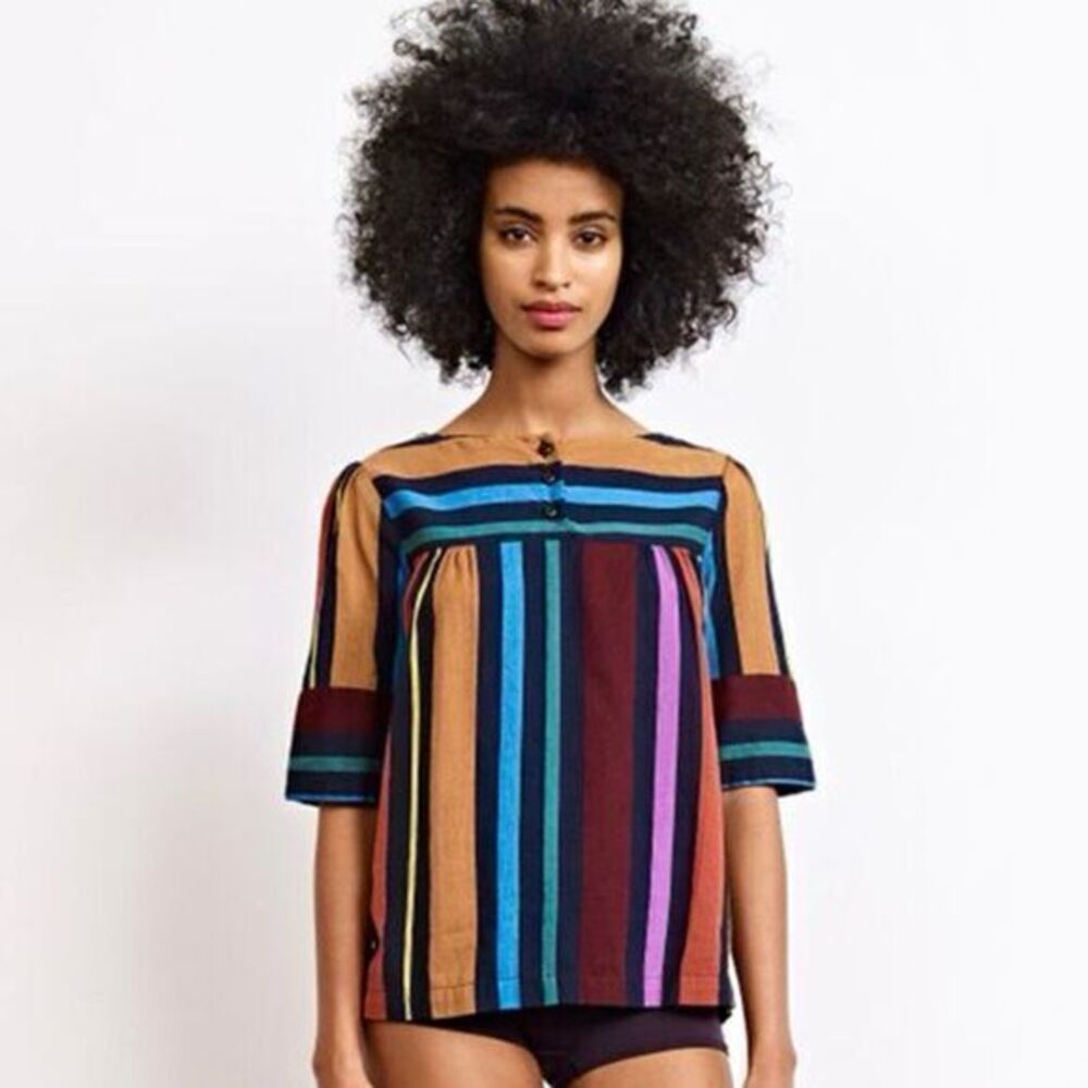 Ace & Jig Multicolor Striped Peasant Blouse (Blue, Teal, Maroon, Pink, Tan)